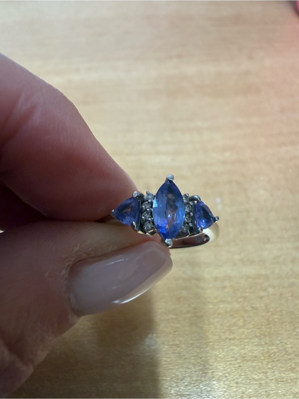 Marquis cut and trillion cut tanzanite 10k ring with 1/20 tw diamonds -Size 6.25